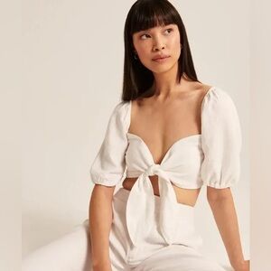 Linen Blend Puff Sleeve Bow Top